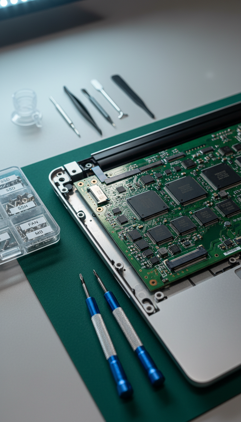 A close-up, finely detailed view of an open laptop undergoing repair, showcasing precision screwdrivers resting beside a circuit board with visible, orderly microchip arrangements and clean copper traces. The device, placed on an anti-static mat, is surrounded by neatly arranged repair tools and a labeled tray for tiny screws. The background is a clean, uncluttered surface with soft, cool-toned studio lighting that enhances the metallic textures and delivers gentle highlights without harsh reflections. The mood is meticulous and competent, shot with sharp focus and a slight top-down angle, emphasizing the expertise and methodical care involved in computer maintenance.